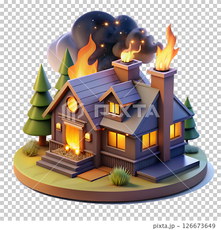 Isometric 3d forest fire scene with burning trees, smoke clouds, and wildlife, environmental disaster concept 126673649
