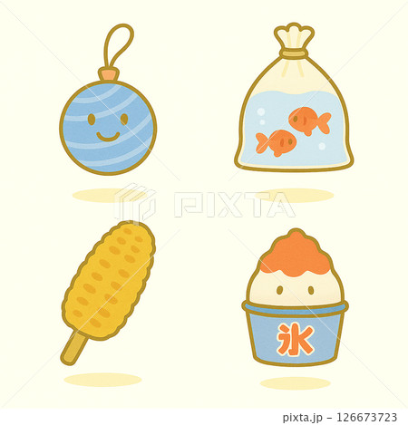 /* 夏祭りの思い出を彩る！かわいいイラストセット（ヨーヨー釣り、金魚、かき氷、とうもろこし） */ 126673723