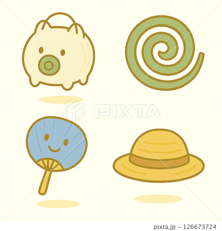 /* 夏の風物詩を楽しむ！蚊取り線香や麦わら帽子のかわいいイラストセット */ 126673724