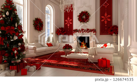 Beautiful festive Christmas interior with red and white flowers. AI Generated 126674535