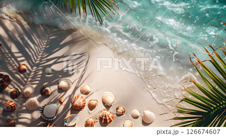 Azure coast of the ocean with palm trees, sand, surf and shells. AI Generated 126674607