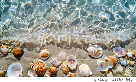 Azure coast of the ocean with palm trees, sand, surf and shells. AI Generated 126674646