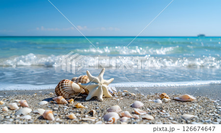 Azure coast of the ocean with palm trees, sand, surf and shells. AI Generated 126674647