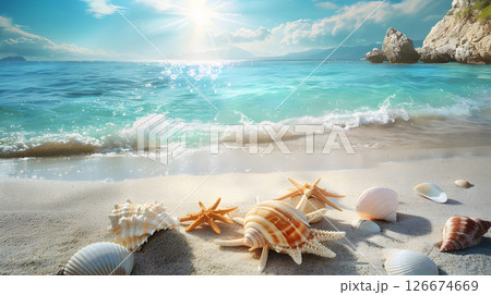 Azure coast of the ocean with palm trees, sand, surf and shells. AI Generated 126674669