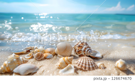 Azure coast of the ocean with palm trees, sand, surf and shells. AI Generated Azure coast of the ocean with palm trees, sand, surf and shells. AI Generated 126674670
