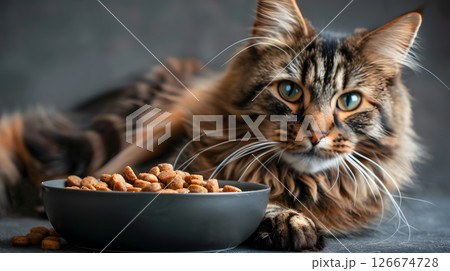 A cat or kitten sits near a bowl of food with copy space. AI Generated 126674728