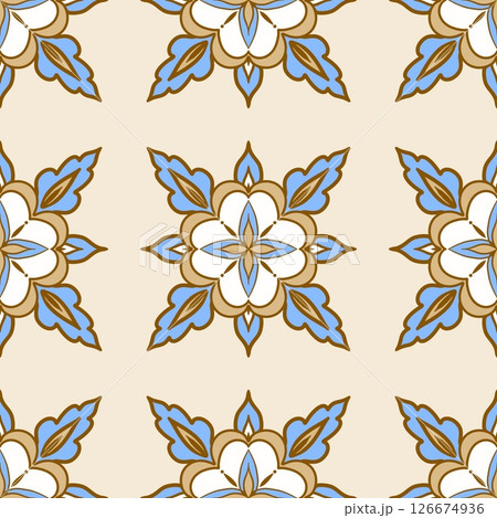 Azulejo pattern, tiles, Portuguese designs. Hand painted with watercolor blue earthenware with floral arabesques. Suitable for printing on fabric, home decor, wallpaper and stationery. Floral mosaic 126674936
