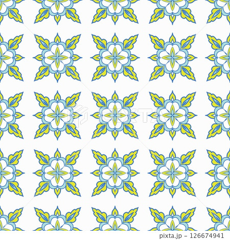 Azulejo pattern, tiles, Portuguese designs. Hand painted with watercolor blue earthenware with floral arabesques. Suitable for printing on fabric, home decor, wallpaper and stationery. Floral mosaic Azulejo pattern, tiles, Portuguese designs. Hand painted with watercolor blue earthenware with floral arabesques. Suitable for printing on fabric, home decor, wallpaper and stationery. Floral mosaic 126674941