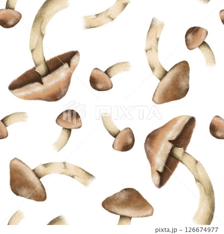 Seamless pattern with autumn leaves and mushrooms, perfect for seasonal textiles, wallpaper, wrapping paper, greeting cards, and home decor. 126674977
