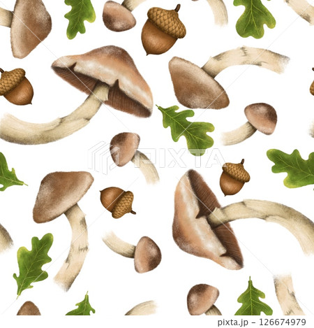 Seamless pattern with autumn leaves and mushrooms, perfect for seasonal textiles, wallpaper, wrapping paper, greeting cards, and home decor. 126674979