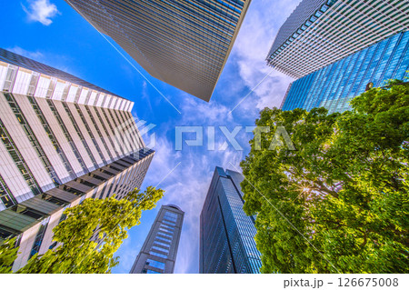 日本の東京都市景観5月。大手町プレイスや大手町タワーなど大手町のオフィス街などを望む 126675008