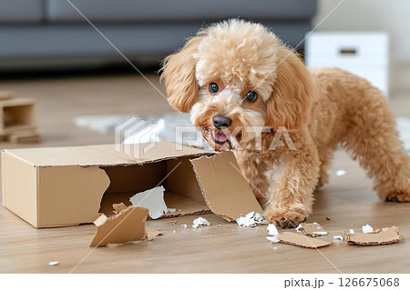 段ボール箱をかじるトイプードルのやんちゃな表情 126675068