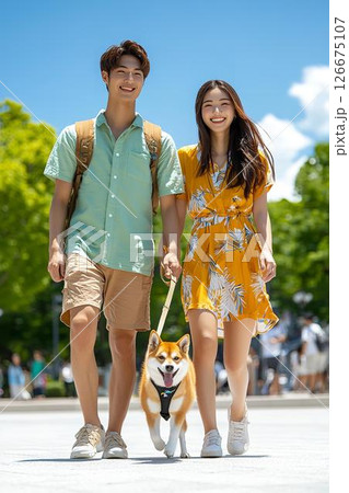 青空の下を仲良く散歩するカップルと犬 青空の下を仲良く散歩するカップルと犬 126675107