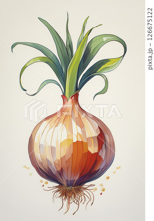 Yellow onion isolated on white background. Whole root onion. Allium cepa, common onion icon. Generative AI of vegetables in flat style. 126675122