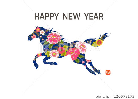 年賀状2026　午年　馬のイラストのおしゃれな年賀状　和柄　花柄 126675173