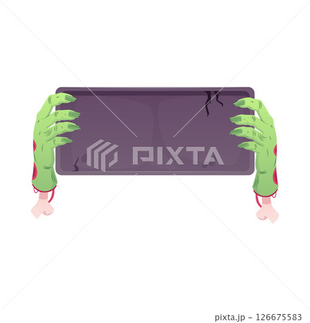 Vector illustration of green, decaying zombie hands holding a stone cracked, blank board. Vector illustration of green, decaying zombie hands holding a stone cracked, blank board. 126675583