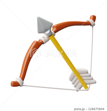 3d vector illustration of antique wooden bow with arrow. Medieval weapon. 126675604