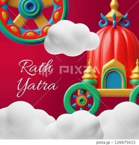 Happy Rath Yatra holiday 3D vector greeting poster, festive colorful chariots, temple carts in clouds, Indian festival 126675615