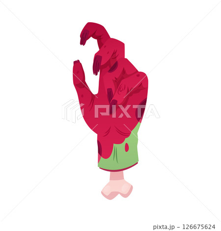 Creepy zombie hand in blood reaching up, vector dead human body limb with rotting flesh and bones, Halloween corpse arm Creepy zombie hand in blood reaching up, vector dead human body limb with rotting flesh and bones, Halloween corpse arm 126675624