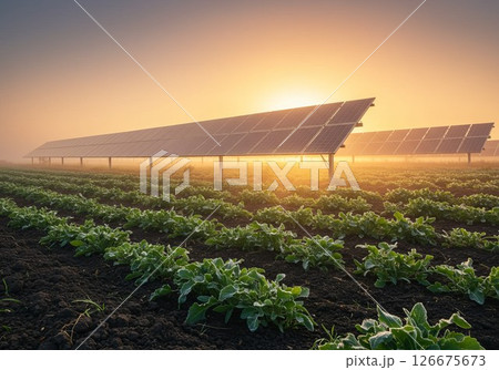 Rows of crops thrive alongside solar panels, showcasing the synergy of agrivoltaics in a picturesque landscape 126675673