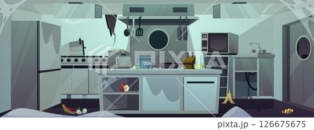 Abandoned restaurant kitchen interior with damaged stainless equipment and furniture cartoon vector flat illustration 126675675