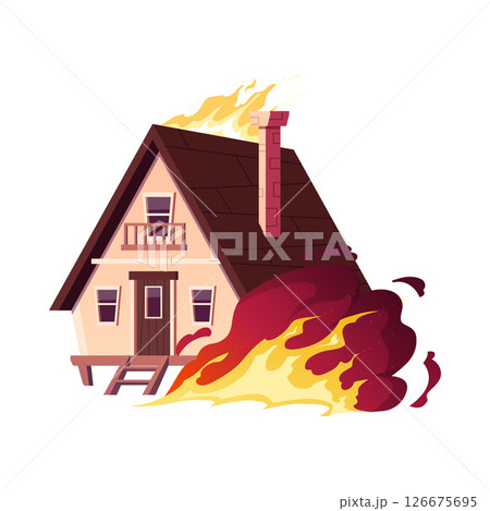 The house is on fire, burning fire, explosion effect, vector cartoon home building flaming, fire destruction, disaster 126675695
