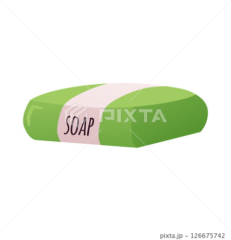 Handmade natural essential oil green soap bar vector flat illustration, herbal soap brick with label, ECO lifestyle Handmade natural essential oil green soap bar vector flat illustration, herbal soap brick with label, ECO lifestyle 126675742
