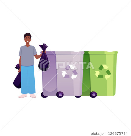Young man throwing and sorting garbage, cartoon waste bins with recycling icons, vector flat illustration ECO lifestyle Young man throwing and sorting garbage, cartoon waste bins with recycling icons, vector flat illustration ECO lifestyle 126675754