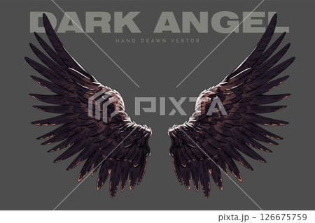 Dark angel wings sketch, heraldic wings pair, bird winged feathers vector hand drawn illustration, freedom heaven symbol Dark angel wings sketch, heraldic wings pair, bird winged feathers vector hand drawn illustration, freedom heaven symbol 126675759