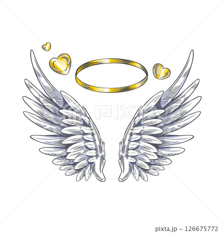 Angel wings with gold ring and heart vector sketch, pair of heraldic white bird wings up side with nimbus, love symbol Angel wings with gold ring and heart vector sketch, pair of heraldic white bird wings up side with nimbus, love symbol 126675772