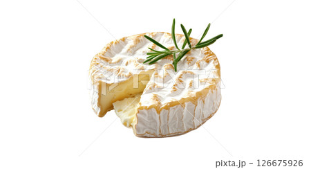Round Brie Cheese With Rosemary Garnish. Gourmet Dairy Product And Culinary Presentation Isolated On Transparent Background 126675926