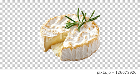 Round Brie Cheese With Rosemary Garnish. Gourmet Dairy Product And Culinary Presentation Isolated On Transparent Background 126675926