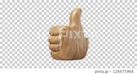 Wooden Thumbs Up Sculpture. Symbol Of Approval And Positive Feedback Isolated On Transparent Background 126675968