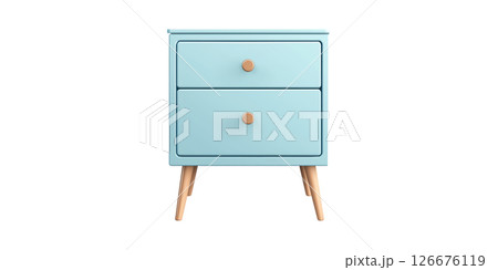 Blue Mid-Century Modern Nightstand With Two Drawers. Stylish Bedroom Storage Solution Isolated On Transparent Background 126676119