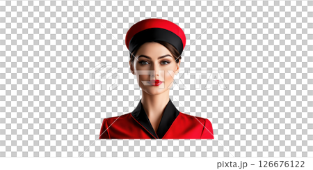 Elegant Female Flight Attendant In Red Uniform. Professionalism And Hospitality In Aviation Industry Isolated On Transparent Background 126676122