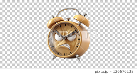Angry Alarm Clock With Facial Expression. Concept Of Stress And Time Pressure Isolated On Transparent Background 126676138