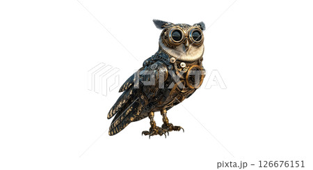 Steampunk Mechanical Owl Sculpture. Fusion Of Nature And Technology In Artistic Design Isolated On Transparent Background 126676151
