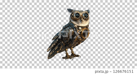 Steampunk Mechanical Owl Sculpture. Fusion Of Nature And Technology In Artistic Design Isolated On Transparent Background 126676151