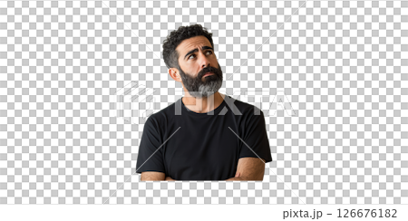 Thoughtful Bearded Man In Black T-Shirt Looking Up. Contemplation And Curiosity Concept Isolated On Transparent Background 126676182