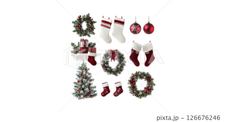 Christmas Decorations Collection: Wreaths, Stockings, Ornaments, And Tree. Festive Holiday Decor Elements Isolated On Transparent Background 126676246
