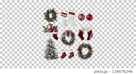 Christmas Decorations Collection: Wreaths, Stockings, Ornaments, And Tree. Festive Holiday Decor Elements Isolated On Transparent Background 126676246