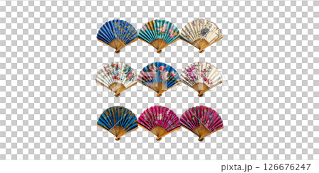 Colorful Decorative Hand Fans With Floral Patterns. Cultural Artistry And Traditional Craftsmanship Isolated On Transparent Background 126676247