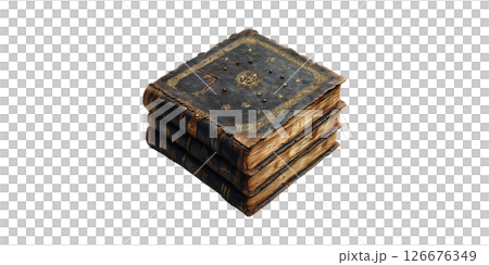 Ancient Leather-Bound Books With Ornate Cover Design. Historical Knowledge And Mystical Literature Isolated On Transparent Background 126676349