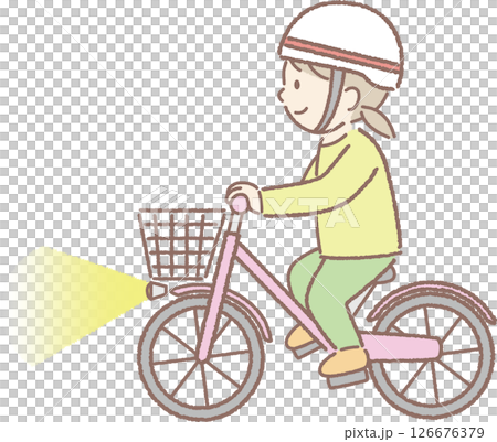 A girl wearing a helmet and riding a bicycle with lights on 126676379