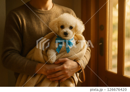 ふわふわの白い犬を毛布に包んで大切に抱く 126676420