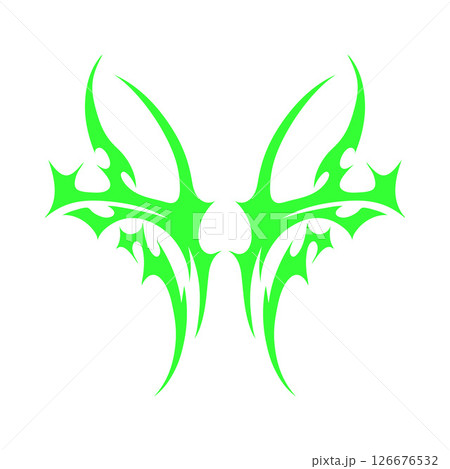 Tribal, bright green butterfly silhouette in Y2K style. 126676532