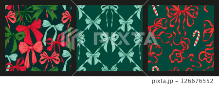 Ribbon Bow Christmas Seamless Pattern Set. Red and green Hand-Drawn Feminine Lattice Backgrounds with Festive garland of bows. Vintage backdrops for wrapping paper, textile, seasonal designs 126676552