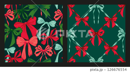 Ribbon Bow Christmas Seamless Pattern Set. Red and green Hand-Drawn Feminine Lattice Backgrounds with Festive garland of bows. Vintage backdrops for wrapping paper, textile, seasonal designs 126676554