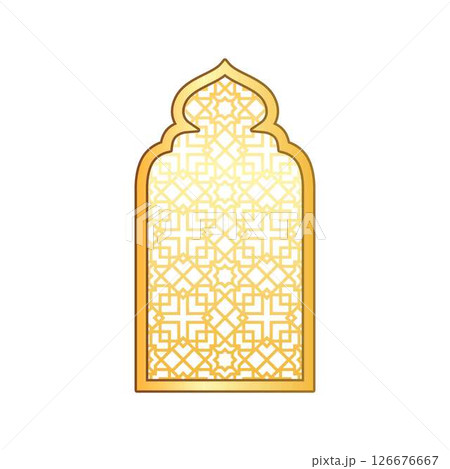 Ramadan arched window frame. Vector illustration of golden window with arabesques. Ramadan arched window frame. Vector illustration of golden window with arabesques. 126676667
