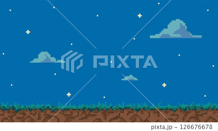 Pixel art background with night horizon, land, grass, sky with stars and clouds. Pixel art background with night horizon, land, grass, sky with stars and clouds. 126676678